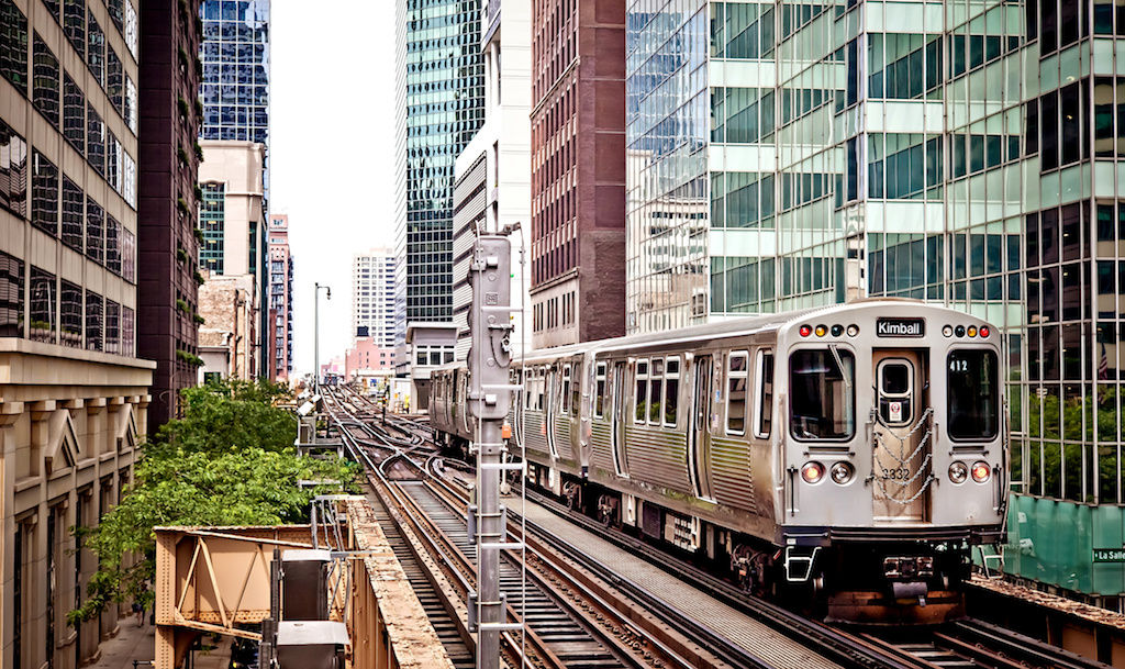Chicago's 'El' train in between buildings
